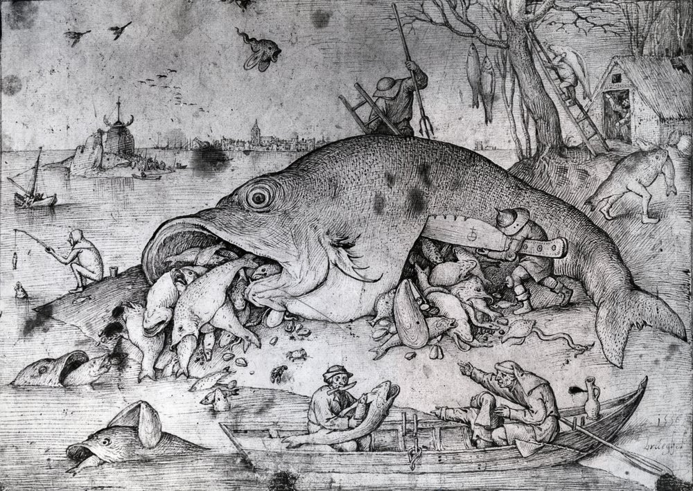 大きな魚は小さなものを食べる1556（紙にペンとインク）